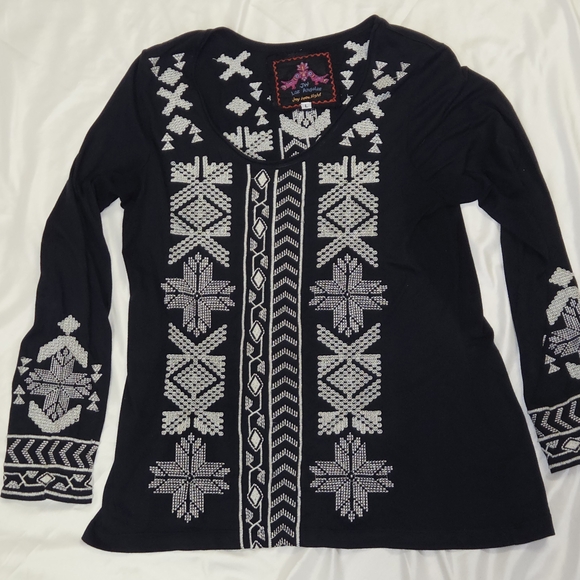 Johnny Was Black and White Embroidered Long Sleeve Top - Picture 4 of 6